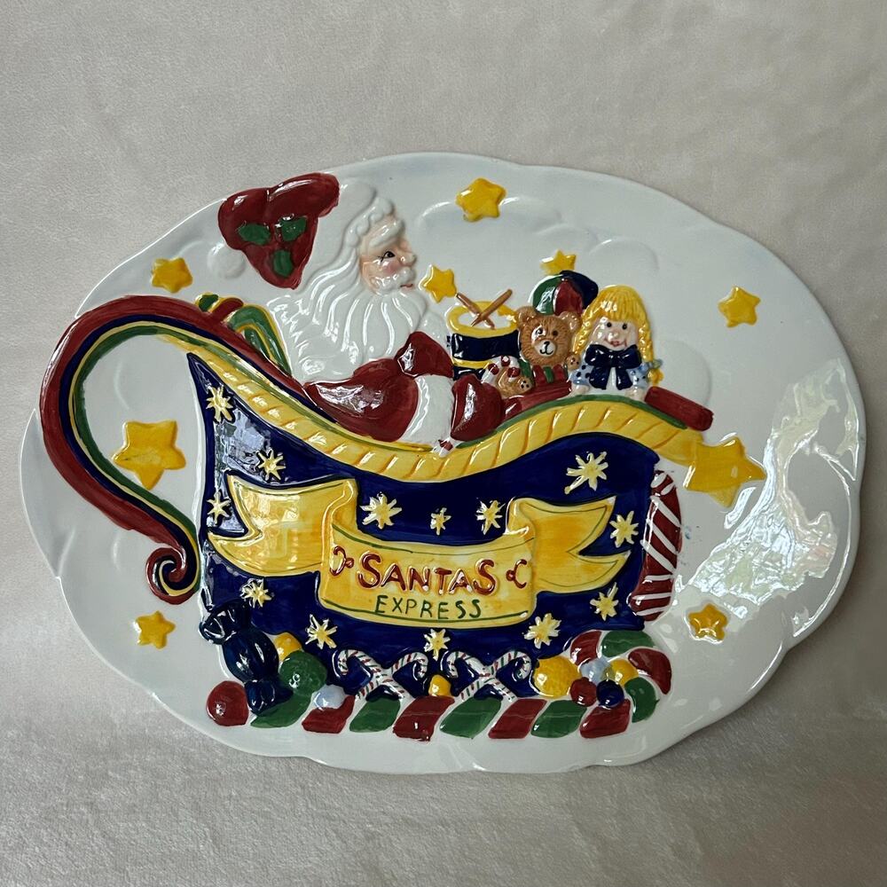 Hand-Painted Vintage Ceramic Cookie Christmas Tray with "Santa's Express" Design